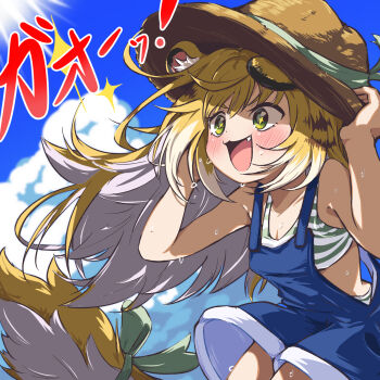 1girl :d ;3 alternate_costume animal_ears bare_shoulders bikini bikini_under_clothes blonde_hair blue_overalls blue_sky bow breasts cashew_0_dgren cleavage cloud colored_inner_hair fang green_bikini green_bow green_eyes hands_on_headwear hands_up hat highres ju_fufu leaning_forward loli long_hair multicolored_hair one_eye_closed open_mouth overalls shirt sky small_breasts smile solo star-shaped_pupils star_(symbol) straw_hat striped_clothes striped_shirt sunlight sweat swimsuit symbol-shaped_pupils tail tail_bow tail_ornament tiger_ears tiger_girl tiger_tail two-tone_hair very_long_hair white_hair zenless_zone_zero