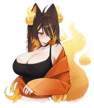 1girl absurdres ahoge animal_ear_piercing animal_ears bare_shoulders black_choker black_tank_top blue_eyes breasts brown_hair choker cleavage fiery_ears fiery_tail fire hair_over_one_eye highres indie_virtual_youtuber jacket large_breasts multicolored_hair open_clothes open_jacket orange_eyes orange_hair orange_jacket orange_streaks sinder_(pyro_pajamas)_(vtuber) sinder_(vtuber) sleeves_past_wrists solo streaked_hair tail tank_top virtual_youtuber white_background wolf_ears wolf_girl wolf_tail yuzureei