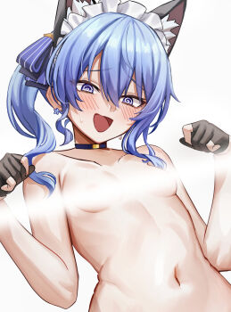 Rule 34 | 1girl, :d, @ @, animal ear fluff, animal ears, asymmetrical sidelocks, black gloves, blue eyes, blue hair, blue ribbon, blush, breasts, cat ears, commentary, double-parted bangs, earrings, english commentary, gloves, hair between eyes, hair ribbon, highres, hololive, hoshimachi suisei, jewelry, light censor, maid headdress, medium hair, navel, nude, open mouth, partially fingerless gloves, paw pose, ribbon, side ponytail, sidelocks, simple background, small breasts, smile, solo, star (symbol), star earrings, upper body, virtual youtuber, white background, wszkii
