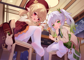 4girls :d ahoge alternate_costume aranara_(genshin_impact) backpack bag bag_charm bike_shorts blonde_hair blurry casual chair charm_(object) chopsticks clover_print commentary_request contemporary cooking_pot depth_of_field dodoco_(genshin_impact) dori_(genshin_impact) food from_below genshin_impact gradient_hair green_eyes hair_between_eyes hair_ornament hat highres holding holding_chopsticks hotpot indoors klee_(genshin_impact) long_hair long_sleeves looking_at_viewer looking_back looking_down low_twintails meat multicolored_hair multiple_girls nabe nahida_(genshin_impact) no_shoes omelet open_mouth pantyhose pointy_ears portable_stove puffy_pants randoseru red_eyes sayu_(genshin_impact) side_ponytail sidelocks sitting smile soles spread_toes symbol-shaped_pupils table tamagoyaki toes tsubasa_tsubasa twintails wariza white_hair white_pantyhose