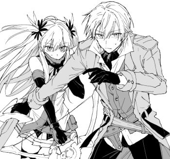 Rule 34 | 1boy, 1girl, alisa reinford, bow (weapon), coat, congdd, covered mouth, detached sleeves, double-parted bangs, eiyuu densetsu, floating hair, gloves, greyscale, hair between eyes, holding, holding bow (weapon), holding sword, holding weapon, jusis albarea, long hair, long sleeves, monochrome, neckerchief, open clothes, open coat, sen no kiseki, sen no kiseki (series), sen no kiseki ii, short hair, simple background, sword, two side up, weapon, white background