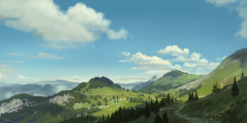 absurdres blue_sky cloud commentary day english_commentary highres landscape mountain no_humans original outdoors path philipp_urlich road scenery sky tree