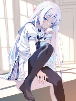 Rule 34 | 1girl, \||/, akayama yukihe, ascot, backlighting, between legs, black ascot, black pantyhose, blue eyes, blunt ends, blush, closed mouth, commentary request, feet, foot out of frame, frown, hair between eyes, hand between own legs, hand up, highres, indoors, knee up, leaning forward, legs, long hair, looking at viewer, midriff peek, miniskirt, naruse shiroha, no shoes, pantyhose, puffy short sleeves, puffy sleeves, sailor collar, school uniform, serafuku, shadow, shirt, short sleeves, sidelocks, sitting, skirt, solo, straight hair, summer pockets, summer pockets school uniform, toes, very long hair, white hair, white sailor collar, white serafuku, white shirt, white skirt