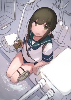 1girl absurdres bow_(weapon) commentary_request fubuki_(kancolle) gloves green_eyes highres holding holding_bow_(weapon) holding_weapon kantai_collection ma_rukan partially_fingerless_gloves partly_fingerless_gloves ponytail rigging school_uniform serafuku ship_turret single_glove smile swimsuit thigh_gap thigh_strap thighs torpedo_launcher weapon yugake yumi_(bow)