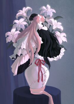 2girls absurdly_long_hair akemi_homura akemi_homura_(black_dress) arms_around_neck black_dress black_hair black_hairband blue_background bow closed_eyes curtains dress flower frilled_dress frills gown hair_bow hairband hashtag-only_commentary highres hug indoors kaname_madoka ksline0930 lace lace-trimmed_dress lace_trim lily_(flower) long_dress long_hair mahou_shoujo_madoka_magica mahou_shoujo_madoka_magica:_hangyaku_no_monogatari making-of_available multiple_girls pink_hair pleated_sleeves red_ribbon ribbon short_sleeves table two-sided_dress two-sided_fabric two_side_up ultimate_madoka vase very_long_hair white_bow white_dress white_flower