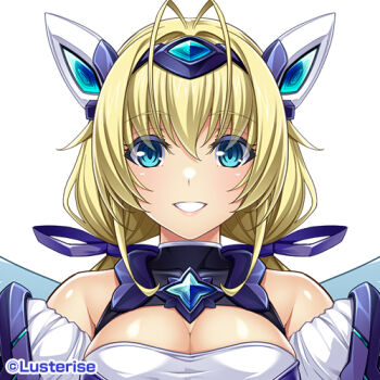 Rule 34 | 1girl, antenna hair, bare shoulders, blonde hair, blue eyes, breasts, chest jewel, cleavage, company name, exs-tia spica, hair ribbon, headgear, inoino, katsuragi shiori, kouyoku senki exs-tia, large breasts, long hair, looking at viewer, low twintails, lowres, magical girl, official art, portrait, purple ribbon, ribbon, smile, solo, star (symbol), transparent background, twintails, upper body