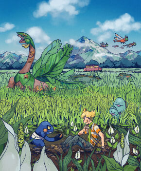 1boy barry_(pokemon) blonde_hair blue_sky brown_bag brown_shoes cloud collared_shirt commentary_request croagunk day dirty dirty_clothes dirty_face gen_2_pokemon gen_3_pokemon gen_4_pokemon grass great_marsh green_scarf grey_pants highres male_focus mountain mud nintendo nostrils open_mouth outdoors pants plant poke_ball pokemon pokemon_(creature) pokemon_dppt quagsire railroad_tracks safari_ball scarf shirt shoes short_hair short_sleeves sitting sky smile striped_clothes striped_shirt suno_(su_no125) tall_grass teeth train tropius two-tone_shirt wetland wooper yanma