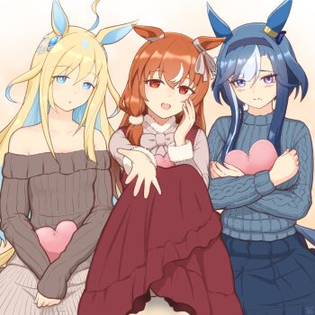 3girls admire_groove_(umamusume) ahoge animal_ears blonde_hair blue_eyes breasts brown_hair casual cleavage collarbone commentary_request heart heart-shaped_pillow highres horse_girl long_hair medium_breasts medium_hair mitsuno mole mole_under_eye multicolored_hair multiple_girls neo_universe_(umamusume) open_mouth pillow purple_eyes reaching reaching_towards_viewer red_eyes ribbed_sweater smile still_in_love_(umamusume) sweater two-tone_hair umamusume white_background