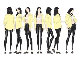1girl asymmetrical_bangs black_hair black_pants black_shoes blue_eyes breasts closed_eyes closed_mouth collarbone commentary crop_top curvy english_commentary from_behind full_body hair_over_shoulder head_rest kojima_takashi large_breasts leather leather_pants loafers long_hair midriff multiple_views narrow_waist navel nico_robin official_art one_piece one_piece_heroines open_clothes open_shirt pants parted_bangs pink_lips reference_sheet shirt shoes simple_background standing straight-on straight_hair turnaround white_background white_shirt wide_hips wing_collar yellow_shirt