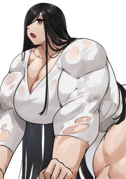 Rule 34 | 1girl, abs, absurdres, biceps, black hair, breasts, dress, ghost girl, highres, huge breasts, musctonk, muscular, muscular female, original, thick thighs, thighs, torn clothes, white dress