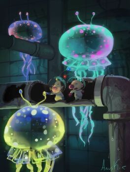 2boys alien ani_(puniper) big_nose blonde_hair blue_gloves blue_light brick brown_hair buttons closed_eyes crack cracked_wall gloves helmet jellyfish lesser_spotted_jellyfloat looking_at_another louie_(pikmin) multiple_boys nintendo olimar open_mouth pikmin_(series) pikmin_2 pointy_ears radio_antenna reaching red_gloves red_light short_hair signature space_helmet spacesuit spots tiny very_short_hair industrial_pipe