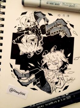 Rule 34 | 2018, 2others, :d, @ @, ahoge, ankle boots, art tools in frame, boots, broken heart, chara (undertale), closed eyes, closed mouth, commentary, cowlick, dated, double-parted bangs, english commentary, frisk (undertale), full body, greyscale, grin, hair between eyes, heart, high contrast, highres, inktober, knee boots, lace-up boots, long sleeves, marker (medium), monochrome, multiple others, open mouth, other focus, outline, pantyhose, puffy long sleeves, puffy sleeves, sandragh, shaded face, short hair, short shorts, shorts, smile, soul (deltarune), striped clothes, striped sweater, sweater, thighhighs, traditional media, tumblr username, turtleneck, turtleneck sweater, u u, undertale, utdr (toby fox)