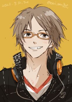 Rule 34 | absurdres, brown hair, glasses, hanamura yousuke, headphones, headphones around neck, highres, oui zen, parted bangs, persona, persona 4, school uniform, short hair, signature, smile, yasogami school uniform, yellow background