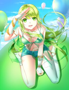 Rule 34 | 1girl, asymmetrical legwear, balloon, bikini, bikini top only, blue sky, breasts, commentary request, day, denim, denim shorts, fingerless gloves, floating hair, full body, gloves, green bikini, green eyes, green hair, hand up, highres, korean commentary, large breasts, long hair, moon (restire), original, outdoors, pointy ears, shadow, short shorts, shorts, single thighhigh, sitting, sky, socks, solo, swept bangs, swimsuit, thighhighs, very long hair, wariza, white gloves, white socks, white thighhighs