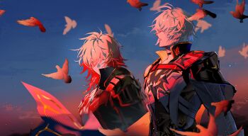 2boys antenna_hair armor bird black_choker black_coat black_shirt blonde_hair blue_cape braid cape chest_tattoo chinese_commentary choker coat commentary_request dove earrings facial_tattoo floating_cape gold_earrings gold_necklace gradient_hair highres honkai:_star_rail honkai_(series) jewelry male_focus medium_hair multicolored_hair multiple_boys mydei_(honkai:_star_rail) neck_tattoo necklace open_clothes open_coat pauldrons phainon_(honkai:_star_rail) red_cape red_hair red_tattoo shirt short_hair shoulder_armor side_braid single_pauldron suirandanshihao sun_symbol sun_tattoo tan tattoo white_coat white_hair