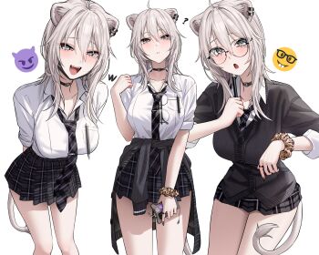 Rule 34 | 1girl, :d, ?, absurdres, ahoge, animal ear piercing, animal ears, arms behind back, black cardigan, black choker, black nails, black necktie, black skirt, breast pocket, breasts, cardigan, cardigan around waist, choker, closed mouth, clothes around waist, collared shirt, commentary request, double-parted bangs, emoji, glasses, grey eyes, grey hair, hair between eyes, highres, holding, holding pencil, holding phone, hololive, jewelry, large breasts, leaning forward, lion ears, lion girl, lion tail, long hair, looking at viewer, loose necktie, messy hair, miniskirt, multiple girls, nail polish, necktie, open mouth, pencil, phone, plaid clothes, plaid skirt, pleated skirt, pocket, ring, round eyewear, scrunchie, shirt, shishiro botan, sidelocks, simple background, skirt, sleeves rolled up, smile, solo, tail, three-quarter sleeves, tie clip, variations, virtual youtuber, wanne, white background, white shirt, wrist scrunchie