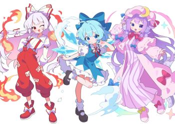 3girls blue_bow blue_dress blue_hair blush boots bow bowtie capelet cirno collared_shirt commentary_request commission crescent crescent_hair_ornament crescent_hat_ornament detached_wings dress fire footwear_bow fujiwara_no_mokou full_body grey_hair hair_bow hair_ornament hat hat_ornament ice ice_wings leg_up long_hair long_sleeves looking_at_viewer mary_janes masakamea mob_cap multiple_girls neck_ribbon ofuda ofuda_on_clothes open_mouth pants patchouli_knowledge pinafore_dress pink_bow pink_bowtie pink_capelet pink_dress puffy_short_sleeves puffy_sleeves purple_eyes purple_hair pyrokinesis red_boots red_eyes red_pants red_ribbon ribbon shirt shoes short_sleeves skeb_commission sleeveless sleeveless_dress smile standing standing_on_one_leg striped_clothes striped_dress suspenders touhou vertical-striped_clothes vertical-striped_dress very_long_hair white_bow white_shirt wings yellow_bow
