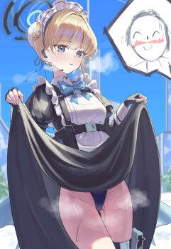 1boy 1girl absurdres black_dress blue_archive blue_eyes blush breasts commentary doodle_sensei_(blue_archive) dress earpiece fingerless_gloves gloves halo hanaet highleg highleg_leotard highres korean_commentary leotard leotard_under_clothes long_sleeves looking_at_viewer maid_headdress medium_hair sensei_(blue_archive) toki_(blue_archive)