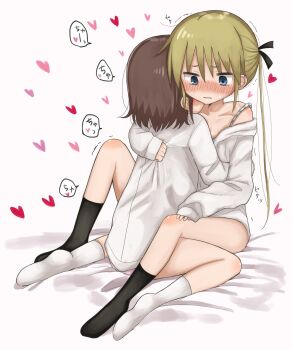 2girls blonde_hair blue_eyes blush bottomless brown_hair collarbone hair_ribbon hanabi_(yuruneko0624) highres hug kill_me_baby long_hair long_sleeves multiple_girls open_mouth oribe_yasuna ribbon shirt short_hair skirt sonya_(kill_me_baby) thighs twintails yuri