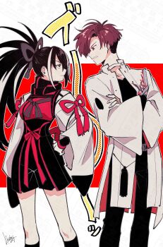 Rule 34 | 1boy, 1girl, black hair, coat, crossed arms, fate/grand order, fate (series), hand on own hip, highres, kawakami gensai (fate), kawakami gensai (first ascension) (fate), kimidorix32, long hair, multicolored hair, ponytail, red eyes, red hair, signature, stare down, streaked hair, takasugi shinsaku (fate), takasugi shinsaku (first ascension) (fate), white coat, wide sleeves