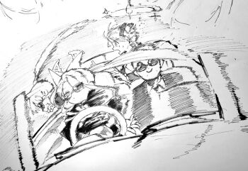 1boy 3girls a_(mitei7926) blue_archive car closed_mouth collared_shirt expressionless flying_sweatdrops foaming_at_the_mouth formal_clothes greyscale halo jacket long_hair long_sleeves mika_(blue_archive) monochrome motion_blur motor_vehicle multiple_girls nagisa_(blue_archive) necktie nervous nervous_smile open_mouth ponytail seia_(blue_archive) sensei_(blue_archive) shirt smile suit sunglasses sweatdrop traditional_media