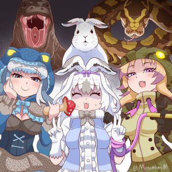 3girls african_rock_python_(kemono_friends) animal animal_ears animal_hood blue_eyes blue_lips blush bow bowtie breasts brown_hair c: capelet center_frills cheek_poking closed_eyes closed_mouth corset double_v drawstring dress eyelashes facing_viewer fangs frills fur_collar furrowed_brow gloves glowing glowing_clothes grey_hair hairband hand_on_another&#039;s_shoulder hand_on_own_cheek hand_on_own_face hands_up holding holding_mushroom holding_whip hood hood_up hooded_jacket jacket kemono_friends komodo_dragon komodo_dragon_(kemono_friends) lipstick lizard long_hair long_sleeves looking_at_viewer makeup medium_breasts metamimi multicolored_hair multiple_girls mushroom open_mouth pinky_out poking purple_eyes purple_hair rabbit rabbit_ears scared shaded_face shirt skirt smile snake snake_hood snowshoe_hare_(kemono_friends) sweat twintails twitter_username two-tone_hair upper_body v vest whip white_hair you_gonna_get_raped zipper