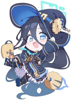 1girl absurdly_long_hair adjusting_clothes adjusting_headwear alternate_costume alternate_hairstyle aris_(blue_archive) arm_up belt belt_pouch black_boots black_hair black_pantyhose blue_archive blue_capelet blue_eyes boots broom broom_riding capelet chibi commentary_request frilled_skirt frills full_body gloves hair_between_eyes hair_down halo hat highres holding holding_broom jacket kei_(robot)_(blue_archive) knee_boots long_bangs long_hair long_hair_between_eyes long_sleeves looking_at_viewer open_clothes open_jacket pantyhose potion pouch sidelocks simple_background skirt solo surps very_long_hair white_background white_gloves witch witch_hat zipper