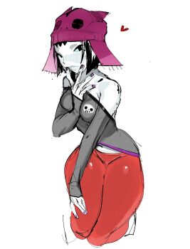 adapted_costume black_hair blue_sclera colored_sclera colored_skin cropped_shirt curvy fingernails full_body grey_shirt hand_to_own_mouth hand_up hat heart hero_108 highres khentaiu kneeling long_sleeves looking_at_viewer mystique_sonia nail_polish navel off-shoulder_shirt off_shoulder pants parted_lips pink_hat pink_nails red_pants shirt short_hair skull_print sleeves_past_wrists thighs white_skin