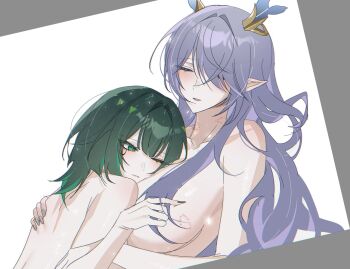 2girls aftersex antlers art_program_in_frame back bite_mark bite_mark_on_breast bite_mark_on_neck black_nails blush bored breasts bright_pupils closed_eyes closed_mouth commentary deer_antlers deer_girl expressionless facial_mark fingernails genshin_impact green_eyes green_hair hair_over_one_eye head_on_chest holding_another&#039;s_hair horns large_breasts lauma_(genshin_impact) long_fingernails long_hair looking_to_the_side lying lying_on_person mark_under_eye median_furrow medium_hair multiple_girls nail_polish nefer_(genshin_impact) nude on_back on_stomach parted_lips pointy_ears purple_hair seol_(baconontheclock) simple_background u_u white_background white_pupils yuri