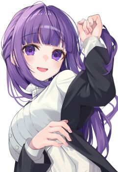 1girl :d arm_under_breasts black_robe blunt_bangs blush breasts chroemaguro commentary_request dress fern_(sousou_no_frieren) fingernails hair_spread_out half_updo hand_up happy highres large_breasts long_hair long_sleeves looking_at_viewer lying on_back open_clothes open_mouth open_robe partial_commentary purple_eyes purple_hair robe sidelocks simple_background smile solo sousou_no_frieren teeth upper_body upper_teeth_only white_background white_dress