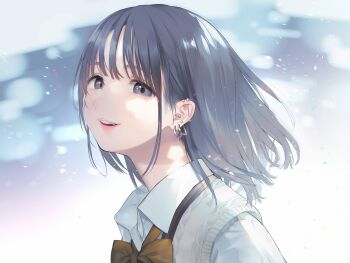 1girl bow bowtie ear_piercing fangs fuzuki_fuuro grey_eyes grey_hair highres looking_at_viewer medium_hair non-web_source original parted_lips piercing smile solo sweater_vest tachibana_kanna upper_body