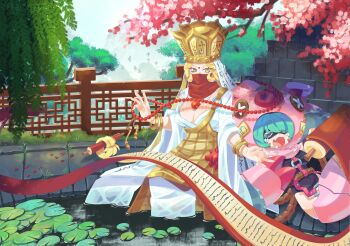 Rule 34 | 2girls, animal costume, architecture, armor, bare shoulders, beads, black one-piece swimsuit, blonde hair, bracelet, breasts, button eyes, buttons, cho-hakkaimon, cleavage, closed eyes, commentary, covered mouth, crown, digimon, digimon (creature), east asian architecture, english commentary, facial mark, fang, forehead mark, green hair, hair between eyes, highres, jewelry, large breasts, lily pad, long hair, looking at another, mask, medium breasts, monk, mouth mask, multiple girls, one-piece swimsuit, open mouth, outdoors, pig costume, pink armor, pond, prayer beads, robe, roccoco co, rope, sanzomon, scarf, scarf over mouth, scroll, seams, short hair, sidelocks, sitting, sleeping, swimsuit, tree, white robe, yellow eyes