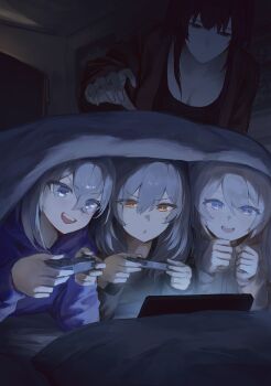 4girls absurdres blanket blue_eyes breasts cleavage commentary_request controller dark firefly_(honkai:_star_rail) game_controller grey_hair hair_between_eyes highres holding holding_controller holding_game_controller honkai:_star_rail honkai_(series) kafka_(honkai:_star_rail) long_hair multiple_girls open_mouth pajamas playing_games purple_eyes purple_hair robizou_(robizou285) silver_wolf_(honkai:_star_rail) smile sneaking stelle_(honkai:_star_rail) trailblazer_(honkai:_star_rail) under_covers yellow_eyes