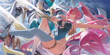 Rule 34 | absurdly long hair, absurdres, aemeath (wuthering waves), ahoge, animal ears, armpits, black shoes, blue leotard, breasts, clothing cutout, detached collar, exostrider (wuthering waves), fake animal ears, full body, hair between eyes, heart cutout, high heels, highleg, highleg leotard, highres, incredibly absurdres, leotard, liudaohai6001, long hair, medium breasts, pink hair, playboy bunny, rabbit ears, robot, shoes, skindentation, strapless, strapless leotard, thigh strap, thighhighs, thighs, very long hair, white thighhighs, wrist cuffs, wuthering waves