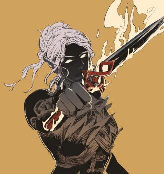 Rule 34 | 1girl, armor, baldur's gate, baldur's gate 3, black skin, blank eyes, breastplate, colored skin, commentary request, dagger, dark elf, elf, facing viewer, fire, flaming weapon, foreshortening, hair bun, highres, holding, holding dagger, holding knife, holding weapon, j jsh, knife, korean commentary, minthara, outstretched arm, parted lips, pointy ears, serious, short hair, simple background, single hair bun, solo, upper body, weapon, white hair, yellow background