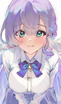 Rule 34 | 1girl, alternate costume, aqua eyes, blue bow, blue bowtie, blue skirt, blush, bow, bowtie, breasts, buttons, closed mouth, collared shirt, dot nose, face jewel, from above, hair between eyes, head wings, highres, honkai: star rail, honkai (series), jewel under eye, large breasts, light frown, long hair, long sleeves, looking at viewer, own hands together, purple hair, robin (honkai: star rail), shirt, simple background, skirt, solo, totomong, very long hair, white background, white shirt, white wings, wings