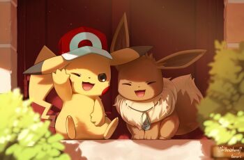 absurdres animal_focus closed_eyes eevee evolutionary_line gen_1_pokemon hat highres hoishere7 jewelry necklace nintendo no_humans one_eye_closed open_mouth outdoors pikachu plant pokemon pokemon_(creature) pokemon_focus potted_plant sitting smile waving