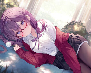 Rule 34 | 1girl, absurdres, black pantyhose, black skirt, blush, bush, cardigan, closed mouth, collarbone, collared shirt, day, dot mouth, ebihara beniko, glasses, highres, long hair, long sleeves, looking at viewer, lying, mimikaki, on side, original, outdoors, pantyhose, pleated skirt, purple eyes, purple hair, red-framed eyewear, red cardigan, school uniform, shirt, skirt, solo, sunlight, sweater, white shirt