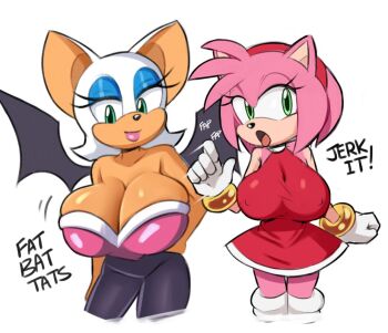 2girls amy_rose arms_behind_back bare_shoulders blue_eyes bracelet breasts covered_erect_nipples dark-skinned_female dark_skin english_text fellatio_gesture female_pervert green_eyes handjob_gesture huge_breasts jewelry large_breasts multiple_girls open_mouth pervert pink_fur rouge_the_bat smile sonic_(series) squidapple teasing white_background white_fur wings