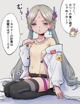 2girls bindi black_thighhighs blonde_hair coat earrings green_eyes heaven_burns_red highres indian jewelry kulfiq loli long_hair multiple_girls ooshima_muua solo_focus speech_bubble thighhighs translation_request triangle_earrings twintails vritika_balakrishnan white_coat