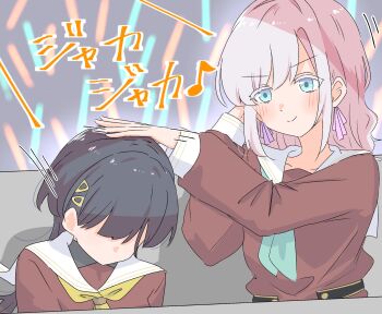 &gt;:) 2girls 5th_live_tour_~4pair_power_spread!!!!~ aqua_neckerchief black_hair blue_eyes brown_dress ceras_yanagida_lilienfeld closed_mouth colored_eyelashes commentary_request dress edel_note faceless faceless_female glowstick grey_hair hair_ornament hasu_no_sora_school_uniform headpat highres katsuragi_izumi link!_like!_love_live! long_hair long_sleeves love_live! miyake_miu momiji_(moj_0404) multiple_girls neckerchief penlight_(glowstick) sailor_collar sailor_dress school_uniform shindou_amane sidelocks smile split_mouth tohyo_star! triangle_hair_ornament upper_body v-shaped_eyebrows virtual_youtuber voice_actor_connection white_sailor_collar winter_uniform yellow_neckerchief