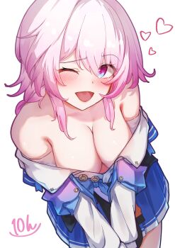 Rule 34 | 1girl, ;d, absurdres, blue eyes, blue skirt, breasts, cleavage, commentary request, gloves, heart, highres, honkai: star rail, honkai (series), jacket, long hair, long sleeves, looking at viewer, march 7th (honkai: star rail), march 7th (preservation) (honkai: star rail), medium hair, memeiradesuyo, multicolored eyes, one eye closed, open mouth, pink hair, shirt, simple background, skirt, smile, standing, tied jacket, tongue, two-tone eyes, white background, white shirt