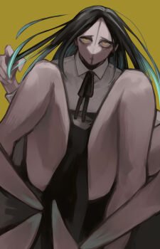 Rule 34 | 1girl, arthropod girl, black hair, black ribbon, blank eyes, chainsaw man, collared shirt, expressionless, extra legs, highres, insect girl, long hair, looking at viewer, nakano (2 mannaka), princi (chainsaw man), ribbon, shirt, simple background, solo, spider girl, spread legs, white shirt, yellow background, yellow eyes