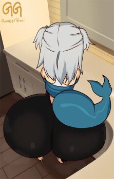 1girl animated animated_gif artist_name ass ass_focus ass_shake bare_shoulders bent_over black_pants blue_shirt counter fins fish_tail from_behind gawr_gura greatestgori hololive hololive_english holomyth huge_ass jiggle kitchen kyojiri_loli loli long_hair off_shoulder pants shark_girl shark_tail shirt shoes solo tail tight_clothes tight_pants virtual_youtuber white_hair yoga_pants