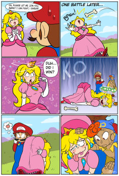 1-up_mushroom 1girl 2boys accidental_pervert ass blonde_hair blue_eyes blush bone breasts brooch carrying carrying_over_shoulder carrying_person comic crown day dress earrings food fruit geno_(mario) gloves grass hammer hat high_heels highres injury jewelry lipstick long_hair looking_at_another makeup mario mario_(series) mountain multiple_boys nintendo over_shoulder overalls peach pink_dress princess_peach ryona speech_bubble super_mario_rpg sweat talking tongue tongue_out
