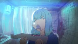 &gt;_&lt; 1girl :d :t animated backlighting bathroom blood blood_on_wall blue_hair blue_hoodie blue_theme cannibalism dark eating female_focus fisheye glowing glowing_eyes guro hood hood_down hoodie indoors jitome leaning_forward looking_at_viewer medium_hair open_mouth original severed_arm severed_limb shower_curtain smile solo sound swallowing talking talking tile_wall tiles tongue tongue_out uukata video