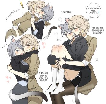 ! 2girls 9_(hcl9fg) aglaea_(honkai:_star_rail) alternate_costume animal_ear_fluff animal_ears black_hoodie black_shirt black_shorts black_skirt blonde_hair blue_eyes brown_jacket brown_pantyhose brown_shirt cat_ears cat_girl cat_tail cipher_(honkai:_star_rail) green_eyes grey_background grey_hair heart highres honkai:_star_rail honkai_(series) hood hoodie hug jacket kneehighs korean_text multiple_girls pantyhose shirt short_shorts shorts simple_background sitting sitting_on_lap sitting_on_person skirt socks tail tongue tongue_out translation_request white_socks yuri