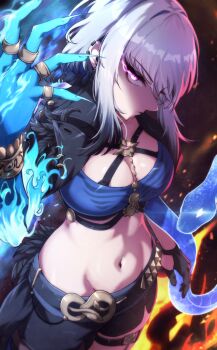 1girl absurdres black_gloves black_jacket black_shorts blue_bra blue_nails bra breasts cleavage closed_mouth commentary cropped_jacket cs_(connectedskyy) galbrena_(wuthering_waves) gloves grey_hair hand_up highres jacket looking_at_viewer medium_breasts medium_hair mutation navel purple_eyes shorts sidelocks single_glove solo stomach thigh_strap underwear very_long_fingernails wuthering_waves