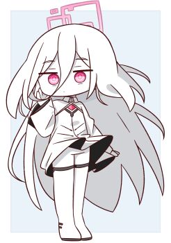 1girl arrow_(symbol) blue_archive boots border chibi closed_mouth clothes_lift commentary_request dress dress_lift full_body grey_background hair_between_eyes hana_kazari highres kei_(blue_archive) kei_(new_body)_(blue_archive) long_hair long_sleeves looking_at_viewer pale_skin red_eyes ringed_eyes solo standing thigh_boots very_long_hair white_boots white_border white_dress white_hair wide_sleeves wind wind_lift