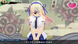 1girl 3d abstract_background animated blonde_hair blush breasts game_console green_eyes hair_ribbon highres katsuragi_(senran_kagura) kiss looking_at_viewer video necktie open_clothes playstation_4 ribbon school_uniform senran_kagura senran_kagura_estival_versus tagme sound white_background